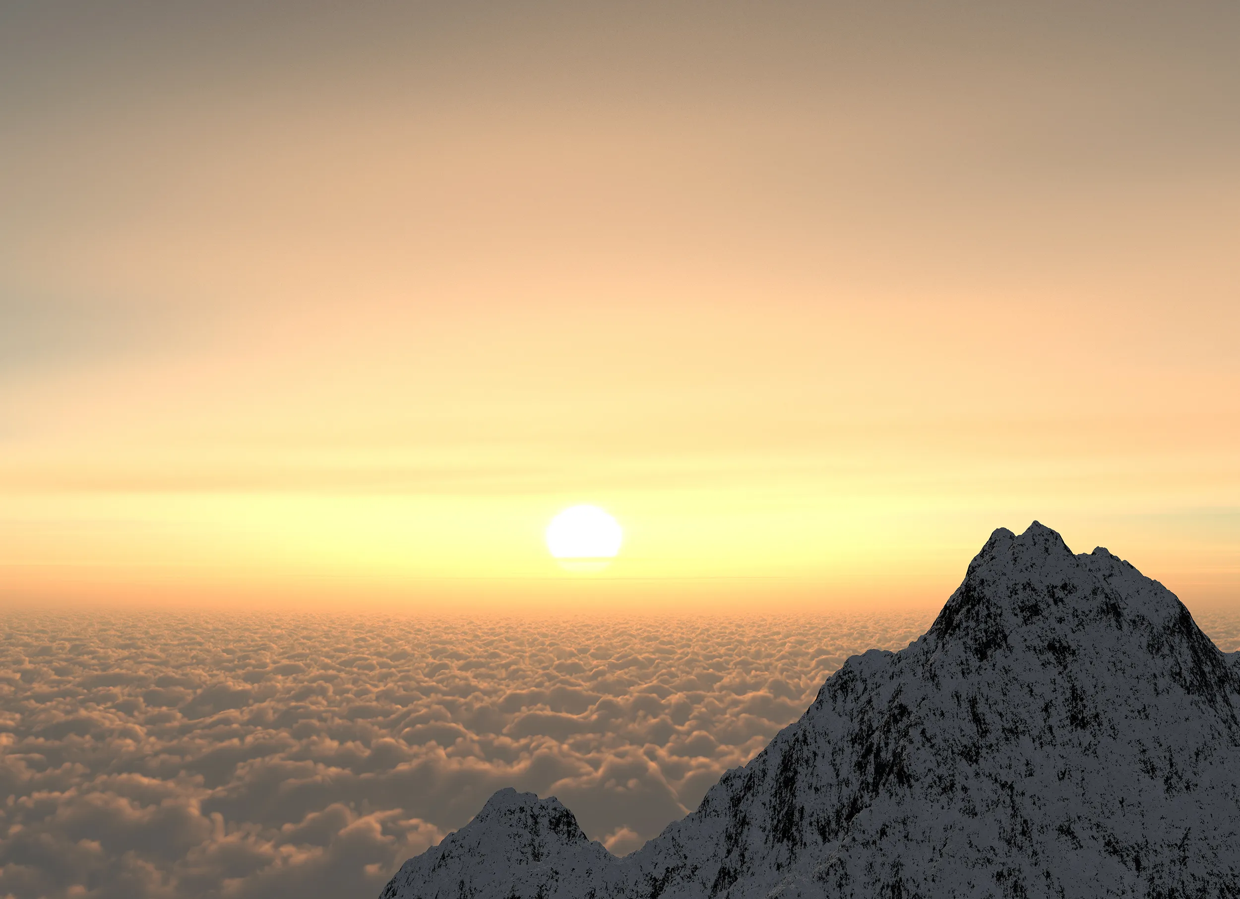 Snow covered mountain above the clouds at sunset